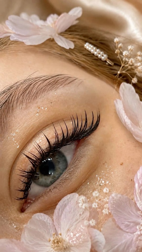Close-up of lash extensions with floral styling